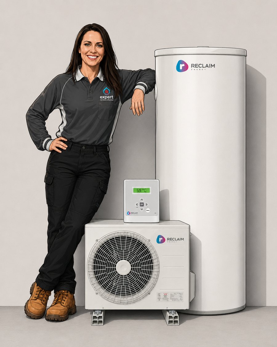 Illustration of Elisha Ross, co-founder of Expert Hot Water and Plumbing, standing beside a Reclaim Energy split system heat pump