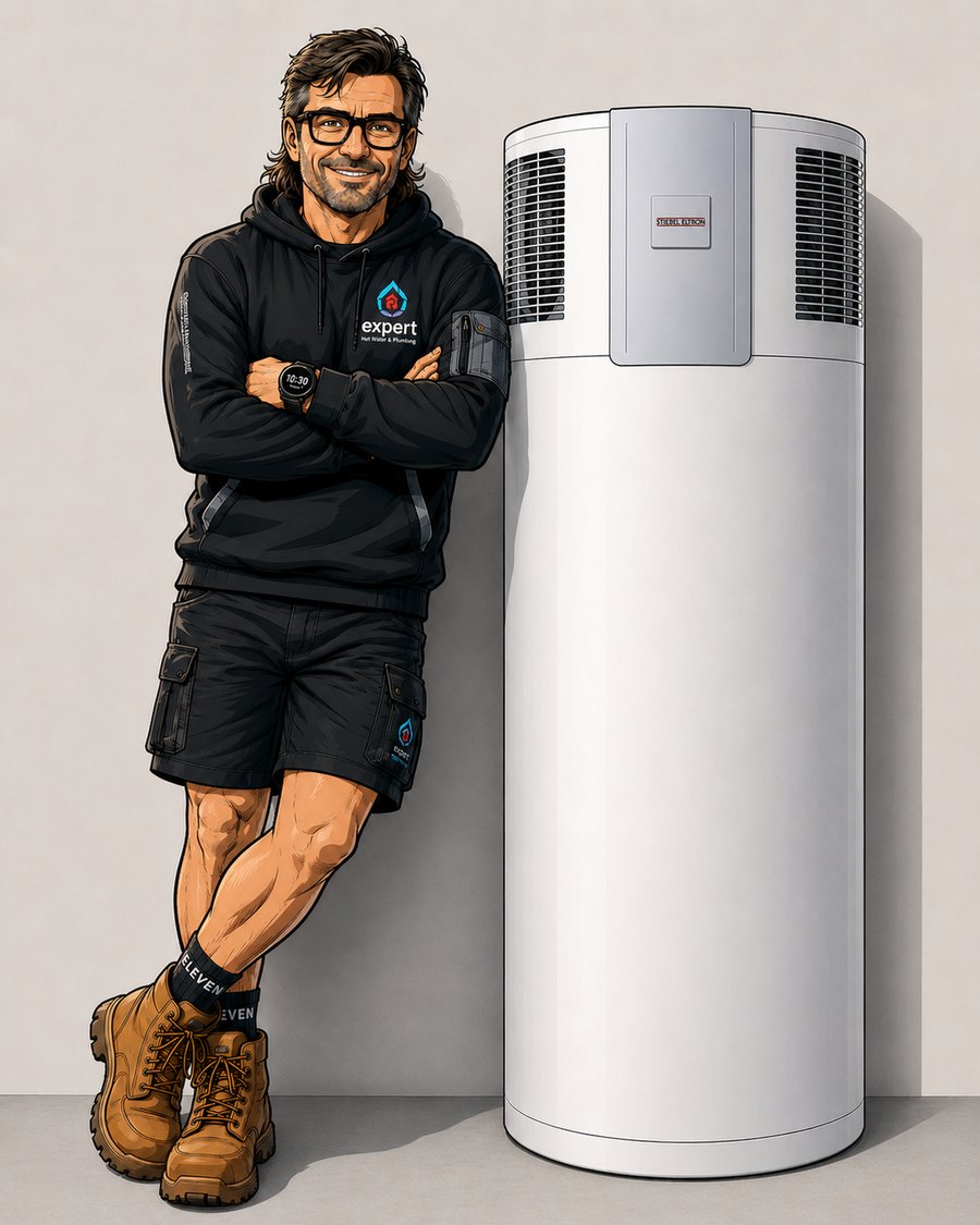 Illustration of Simon Weatherburn, founder of Expert Hot Water and Plumbing, standing beside a heat pump hot water system